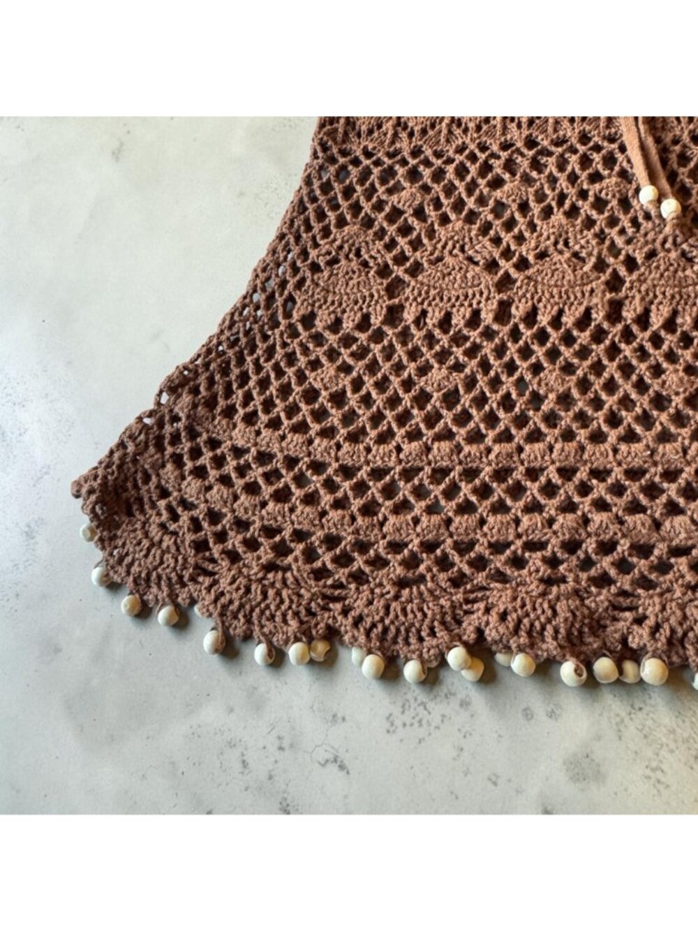 Crochet Brown Tunic Top Retro Boho with Cap Sleeves Tie Neck Detailed Bead Hem - Picture 4 of 13